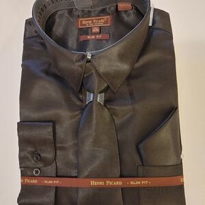 HENRI PICARD MENS BLACK SATIN COMBO SLIM FIT SHIRT.SS100.